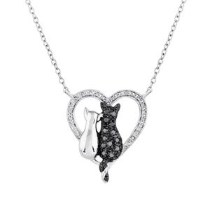 Black & White Crystal Cat Heart Pendant Necklace